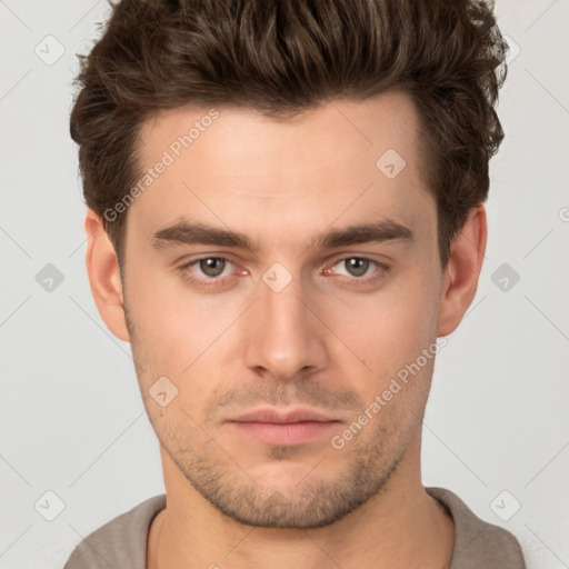 Neutral white young-adult male with short  brown hair and brown eyes