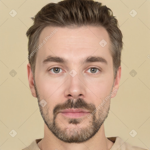 Neutral white young-adult male with short  brown hair and brown eyes