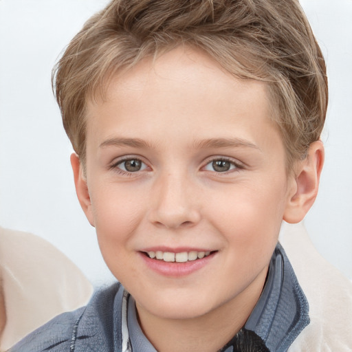 Joyful white child female with short  brown hair and grey eyes