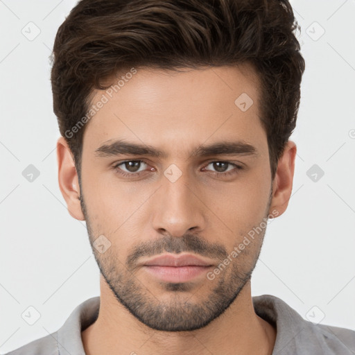 Neutral white young-adult male with short  brown hair and brown eyes