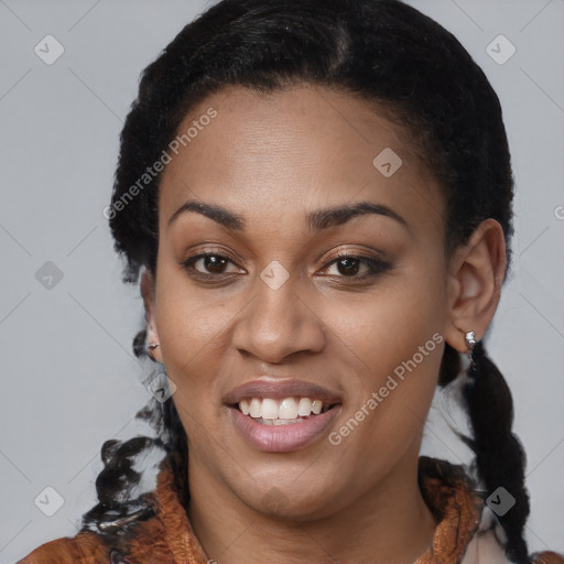 Joyful black young-adult female with medium  brown hair and brown eyes