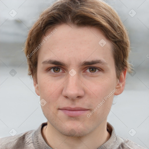 Neutral white young-adult male with short  brown hair and grey eyes