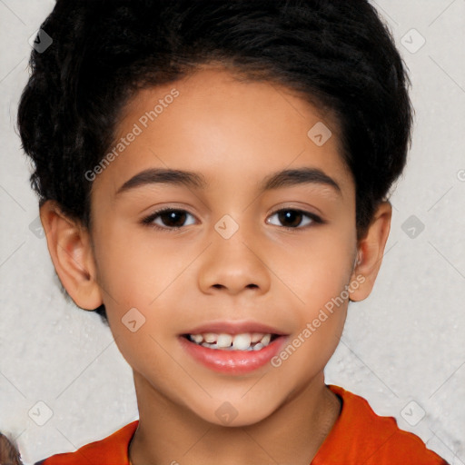 Joyful white child female with short  brown hair and brown eyes