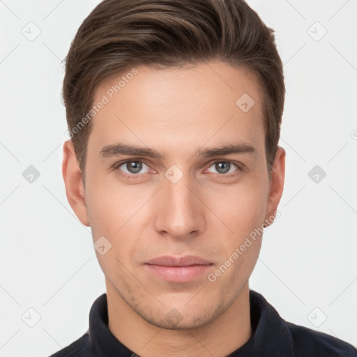 Neutral white young-adult male with short  brown hair and brown eyes