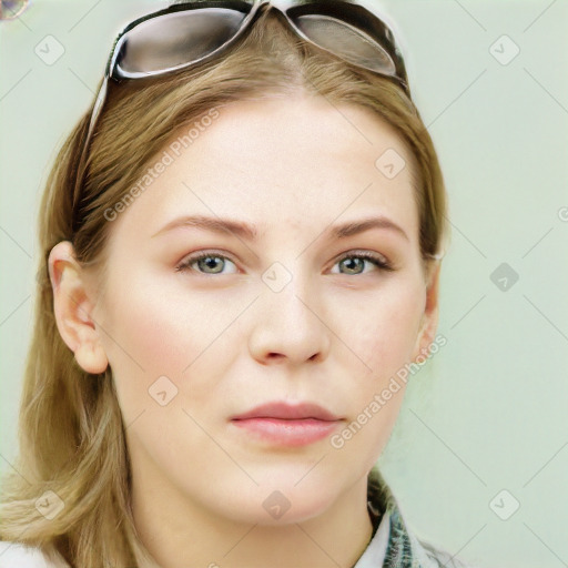 Neutral white young-adult female with long  brown hair and grey eyes