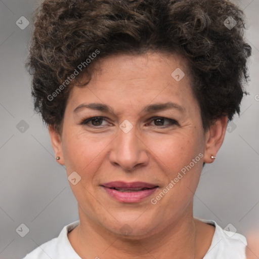 Joyful white adult female with short  brown hair and brown eyes