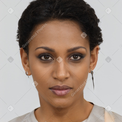 Neutral black young-adult female with short  brown hair and brown eyes