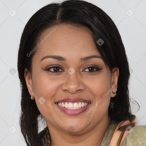 Joyful white adult female with medium  brown hair and brown eyes