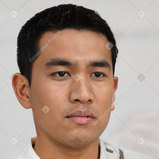 Neutral asian young-adult male with short  black hair and brown eyes