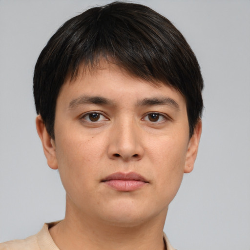 Neutral asian young-adult male with short  brown hair and brown eyes