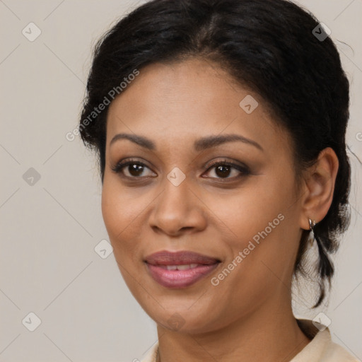 Joyful latino young-adult female with medium  brown hair and brown eyes