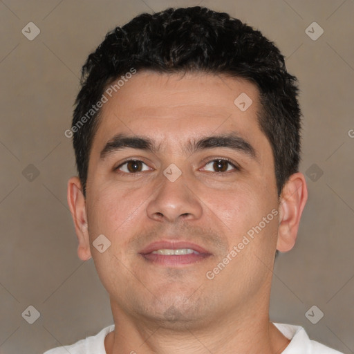 Joyful white young-adult male with short  black hair and brown eyes