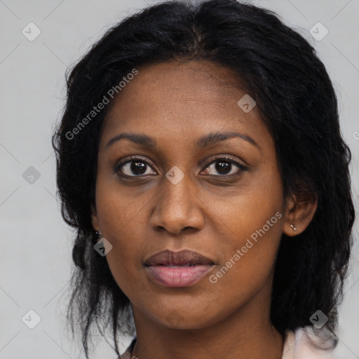 Joyful black young-adult female with long  black hair and brown eyes