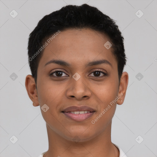 Joyful latino young-adult female with short  brown hair and brown eyes