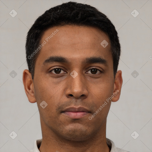 Neutral latino young-adult male with short  black hair and brown eyes