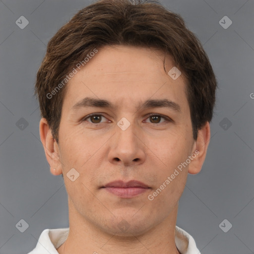 Neutral white adult male with short  brown hair and brown eyes