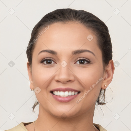 Joyful white young-adult female with medium  brown hair and brown eyes