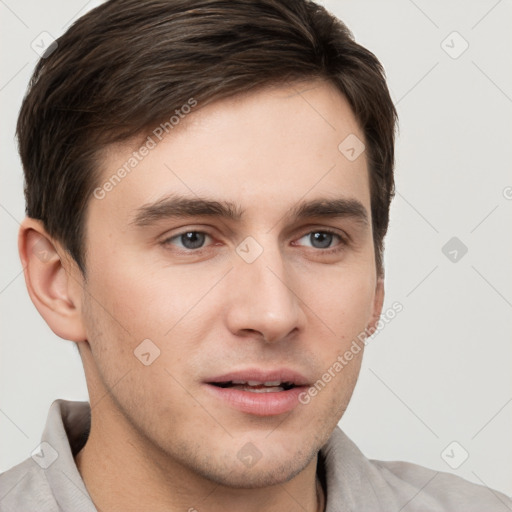 Neutral white young-adult male with short  brown hair and grey eyes