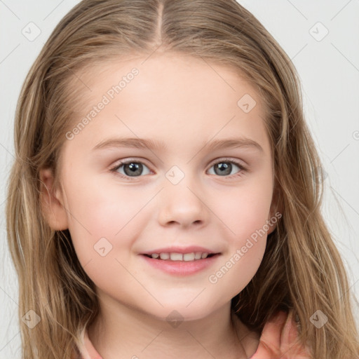 Joyful white child female with medium  brown hair and grey eyes