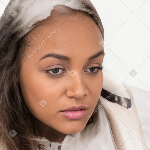 Neutral white young-adult female with short  brown hair and brown eyes