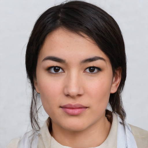 Neutral white young-adult female with medium  black hair and brown eyes