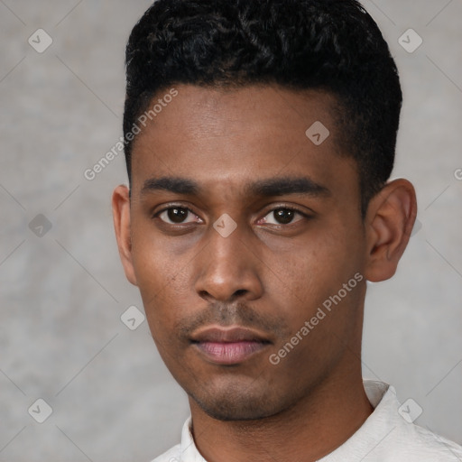 Neutral latino young-adult male with short  black hair and brown eyes