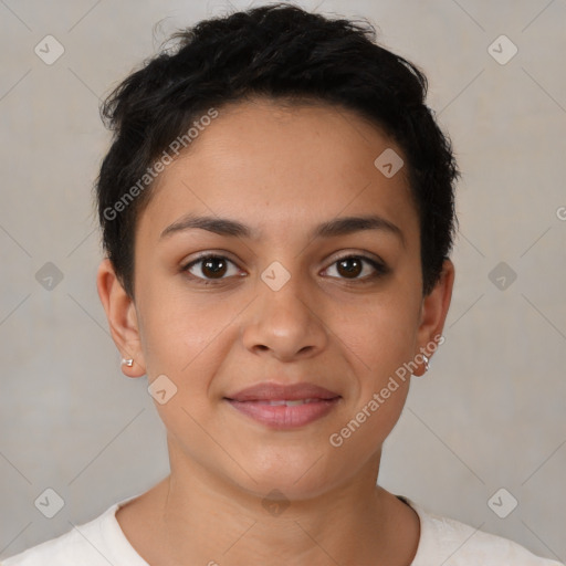 Joyful latino young-adult female with short  brown hair and brown eyes