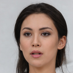 Neutral asian young-adult female with long  black hair and brown eyes