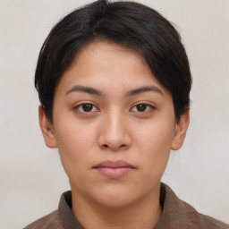 Neutral asian young-adult female with short  brown hair and brown eyes