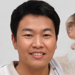 Joyful asian young-adult male with short  brown hair and brown eyes