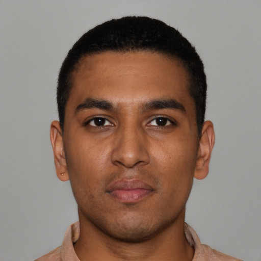 Neutral black young-adult male with short  black hair and brown eyes