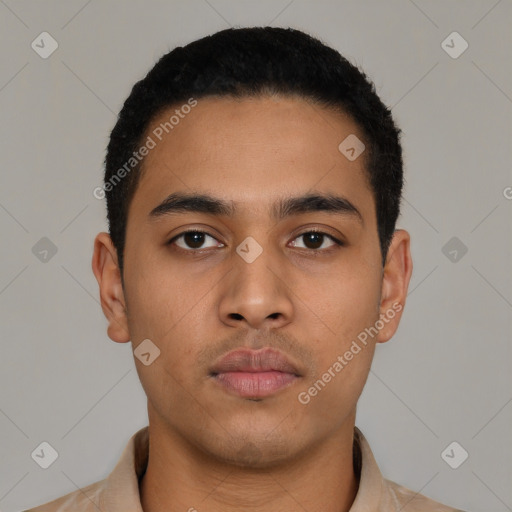 Neutral latino young-adult male with short  black hair and brown eyes