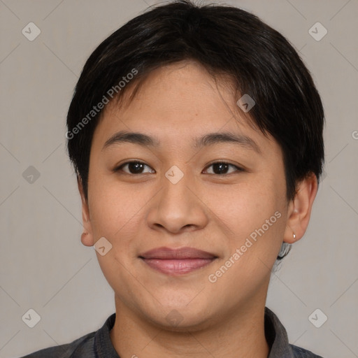 Joyful asian young-adult female with short  brown hair and brown eyes