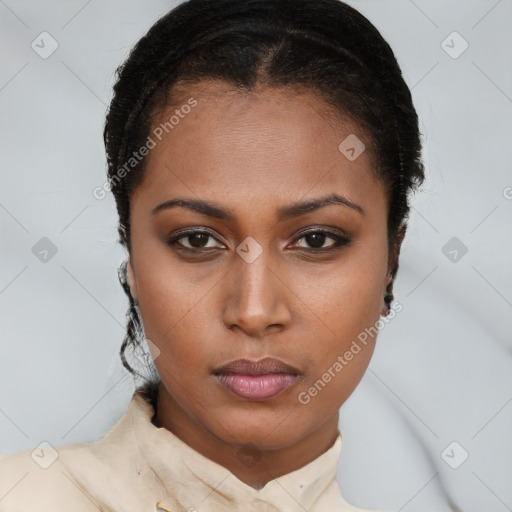 Neutral black young-adult female with short  brown hair and brown eyes