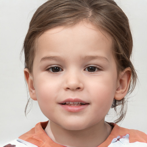 Joyful white child female with medium  brown hair and brown eyes