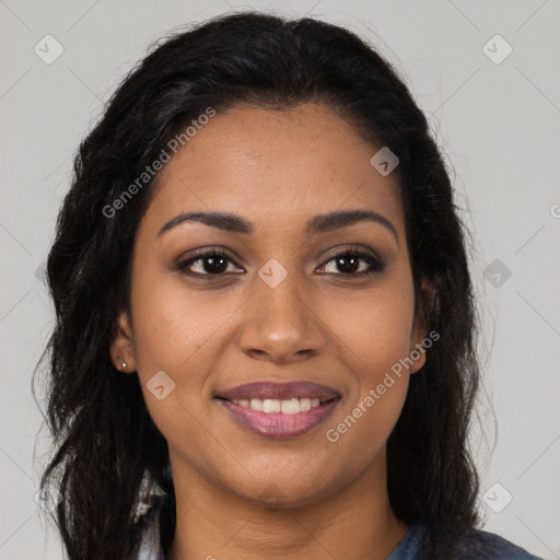 Joyful latino young-adult female with long  brown hair and brown eyes