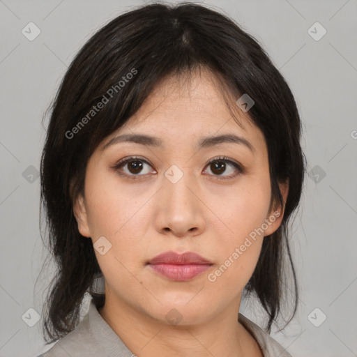 Neutral asian young-adult female with medium  brown hair and brown eyes