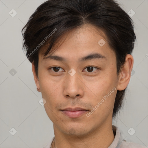 Neutral asian young-adult male with short  brown hair and brown eyes