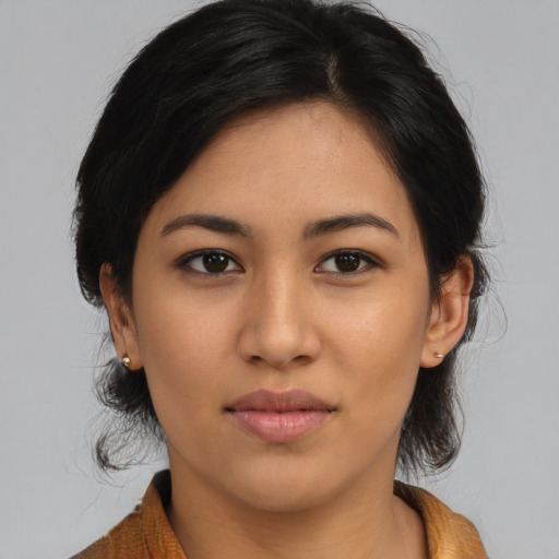 Neutral asian young-adult female with medium  black hair and brown eyes
