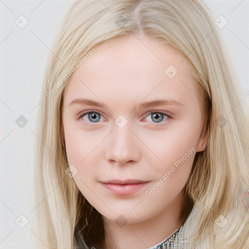 Neutral white young-adult female with long  brown hair and blue eyes