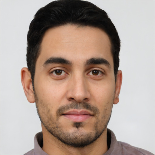 Neutral latino young-adult male with short  black hair and brown eyes