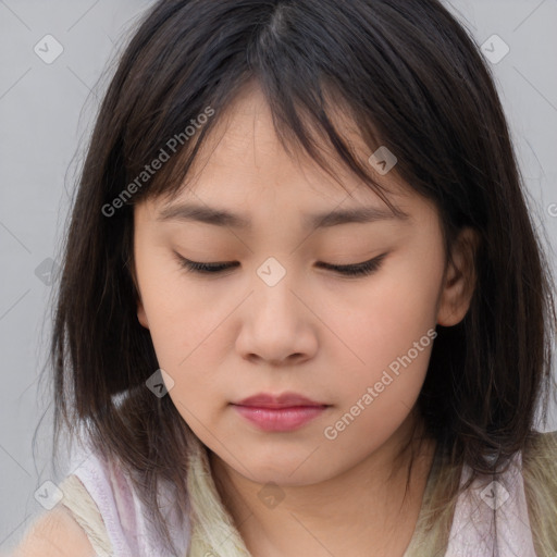 Neutral asian young-adult female with long  brown hair and brown eyes