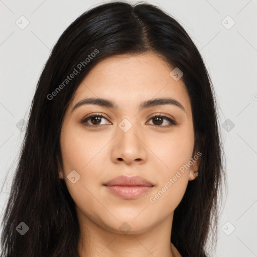 Joyful asian young-adult female with long  brown hair and brown eyes