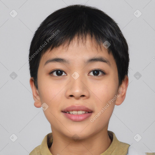 Joyful asian young-adult female with short  black hair and brown eyes