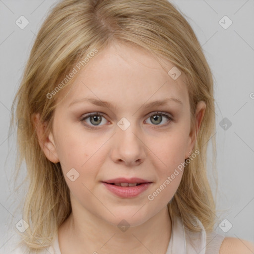 Joyful white young-adult female with medium  brown hair and blue eyes