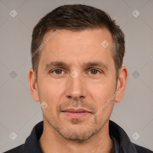 Neutral white adult male with short  brown hair and brown eyes