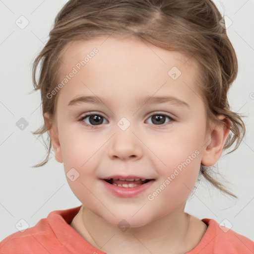 Joyful white child female with medium  brown hair and brown eyes