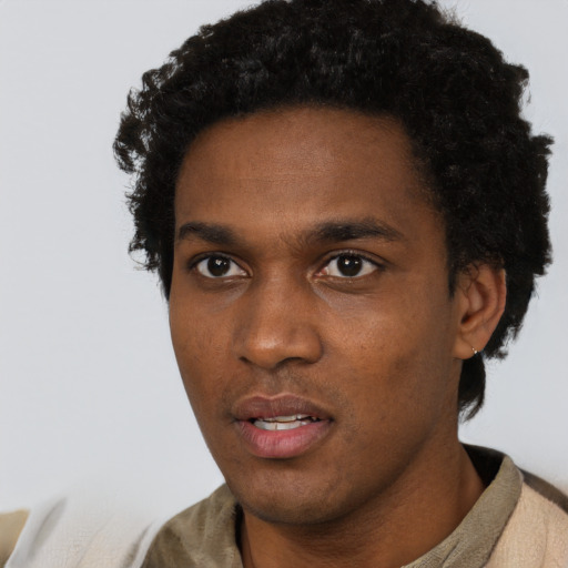 Neutral black young-adult male with short  black hair and brown eyes