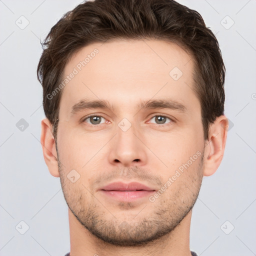 Neutral white young-adult male with short  brown hair and brown eyes