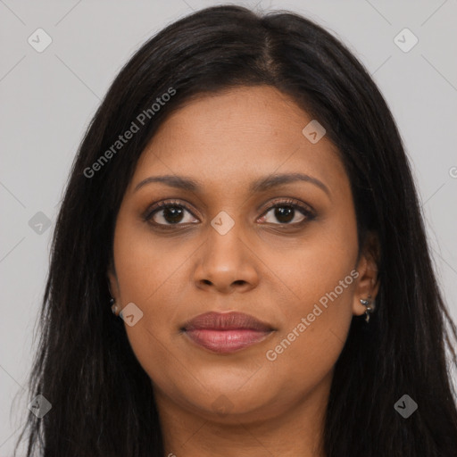 Joyful asian young-adult female with long  brown hair and brown eyes